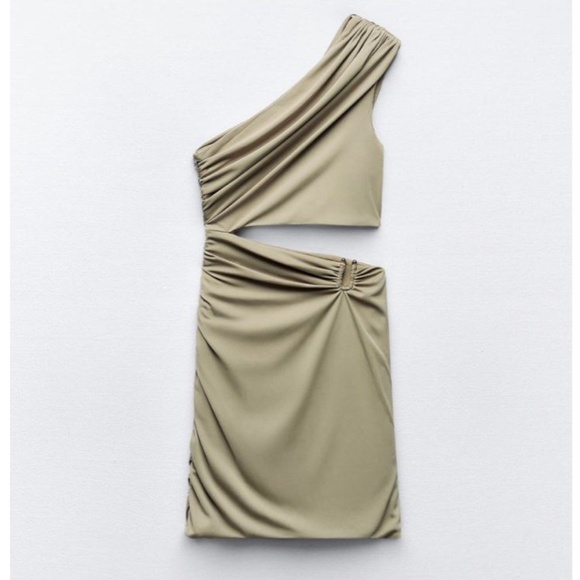 Zara Khaki and Gold Ruched Dress (NWOT) - Picture 5 of 11